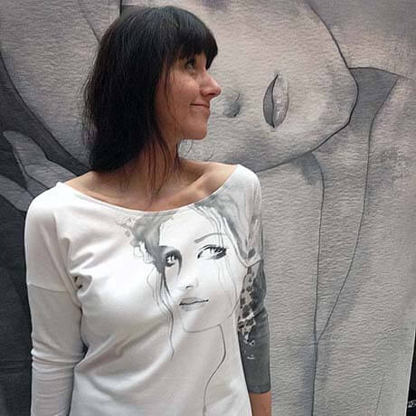 Biała bluzka kobieca z motywem, ręcznie malowana