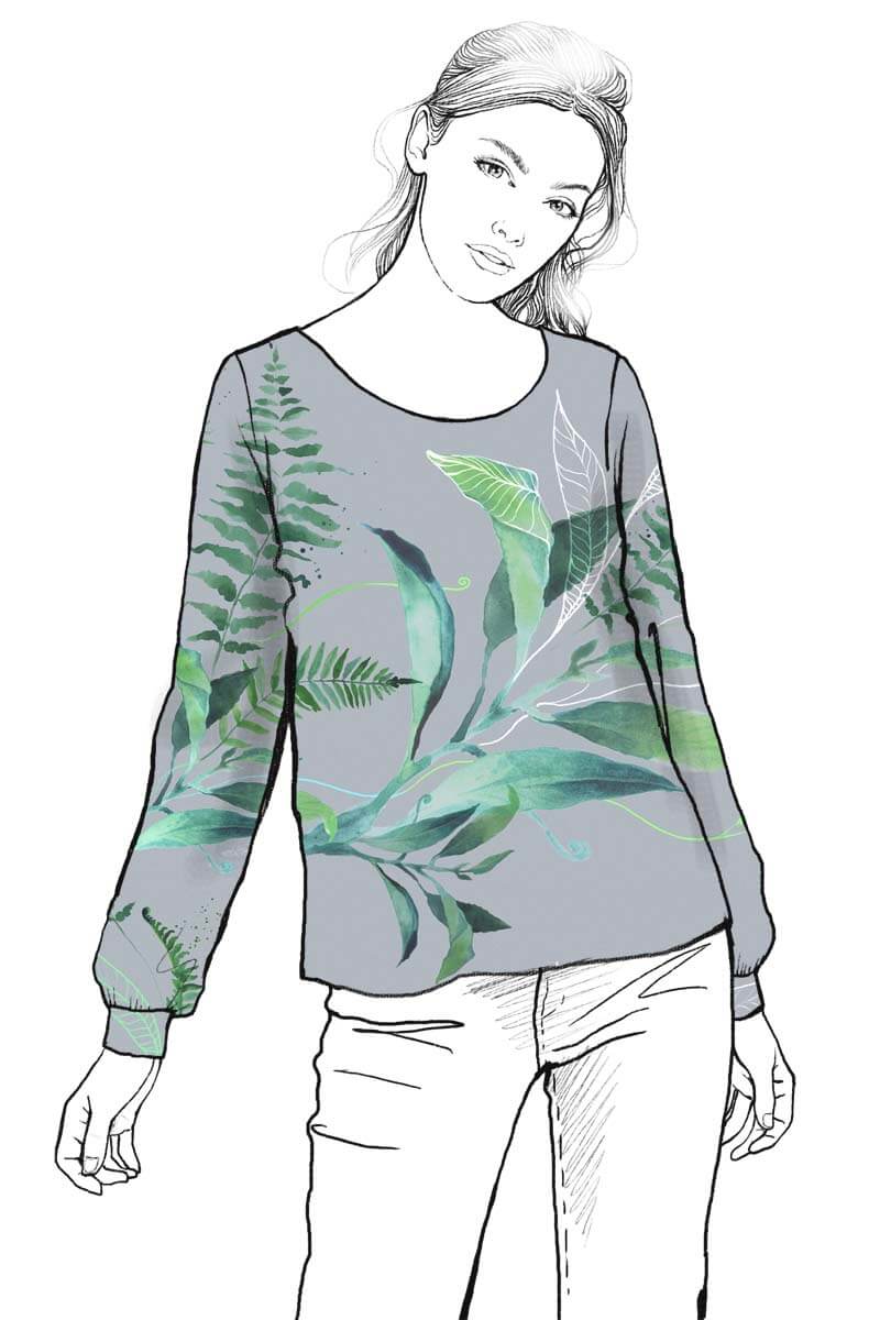 Szara bluzka kobieca Liście - grafika