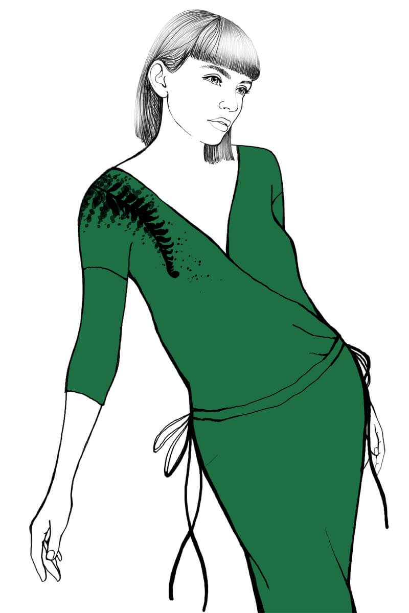 Zielona sukienka midi malowana ręcznie Paprotka - grafika